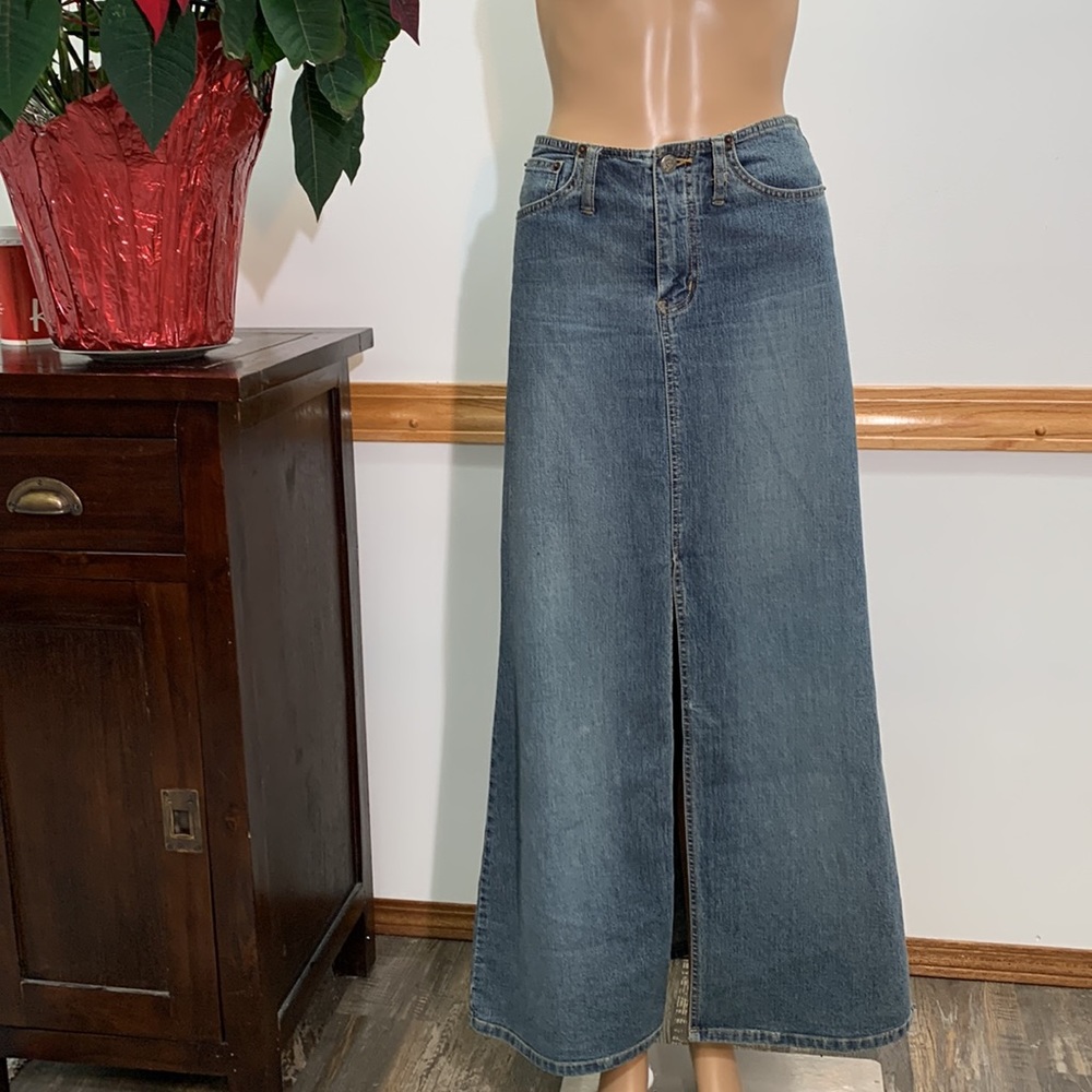 Angels Long Denim A-Line Skirt in Medium Blue